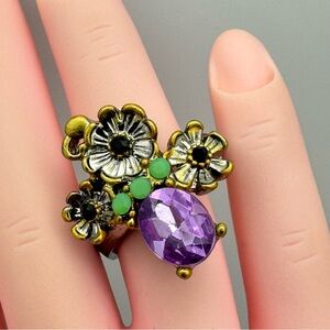 Beautiful Amethyst Floral Cluster Statement Ring Silver & Gold Tone – Size 9